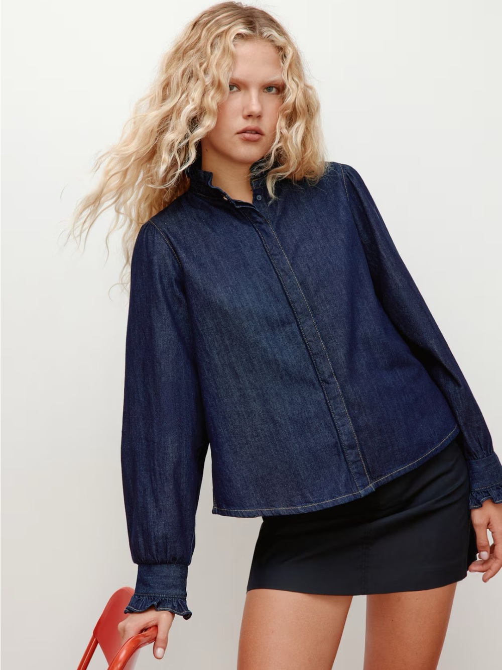H&M Ruffle Trimmed Denim Blouse